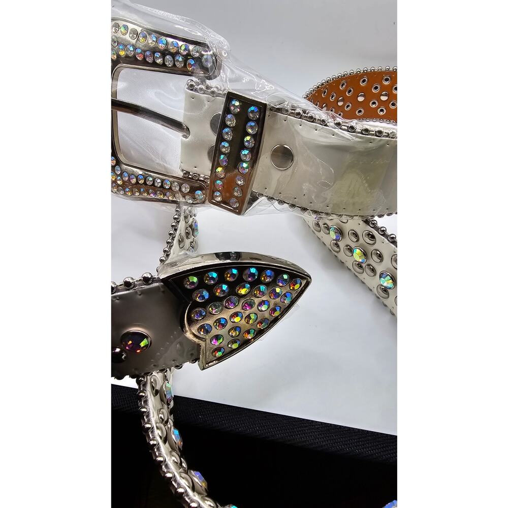 Luxury Western Cowboy Rhinestone Rivet Belt Faux Leather Bling UNISEX 45" - Picture 3 of 5